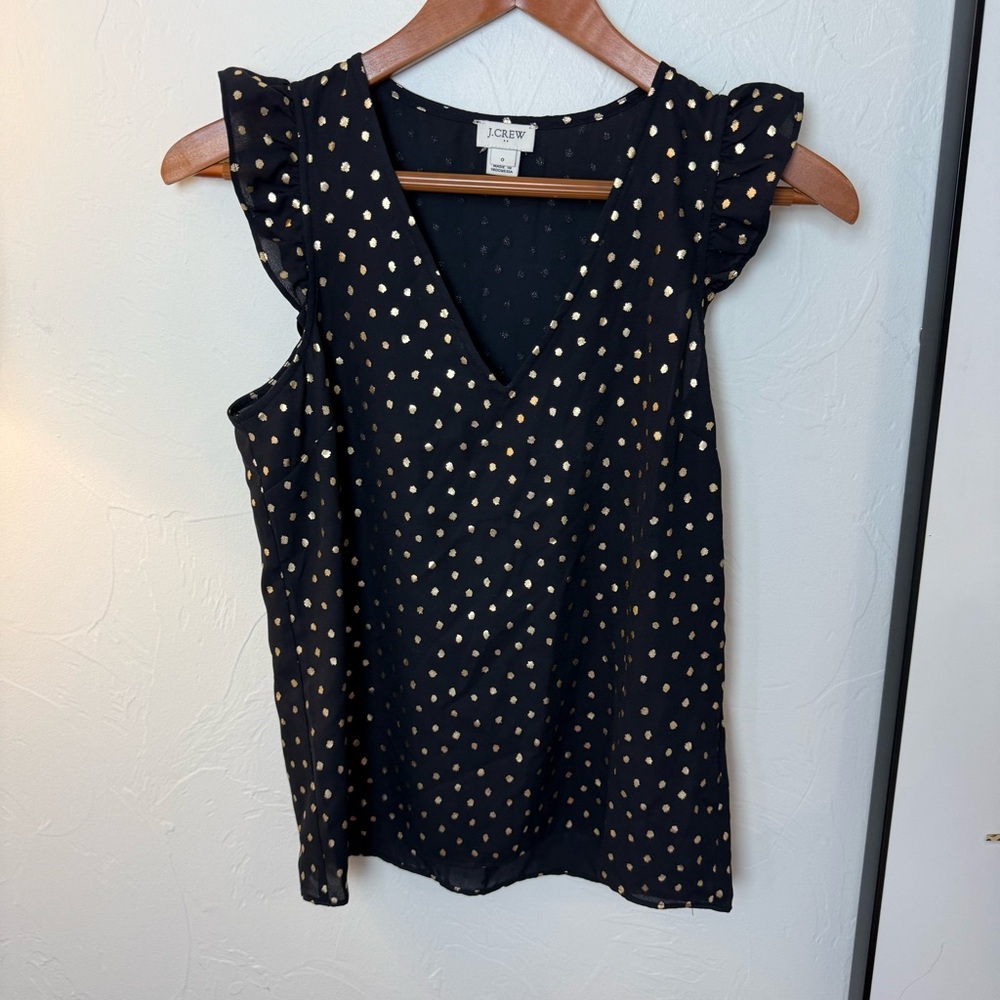 J.Crew Black Gold Dot Flutter Sleeve V-Neck Blouse – Size 0
